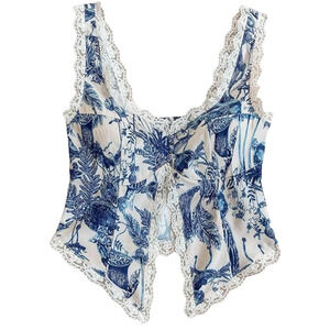 Lace Mushroom Split Crop Top Womens L Garden Cottagecore Blouse Hawaii Festival